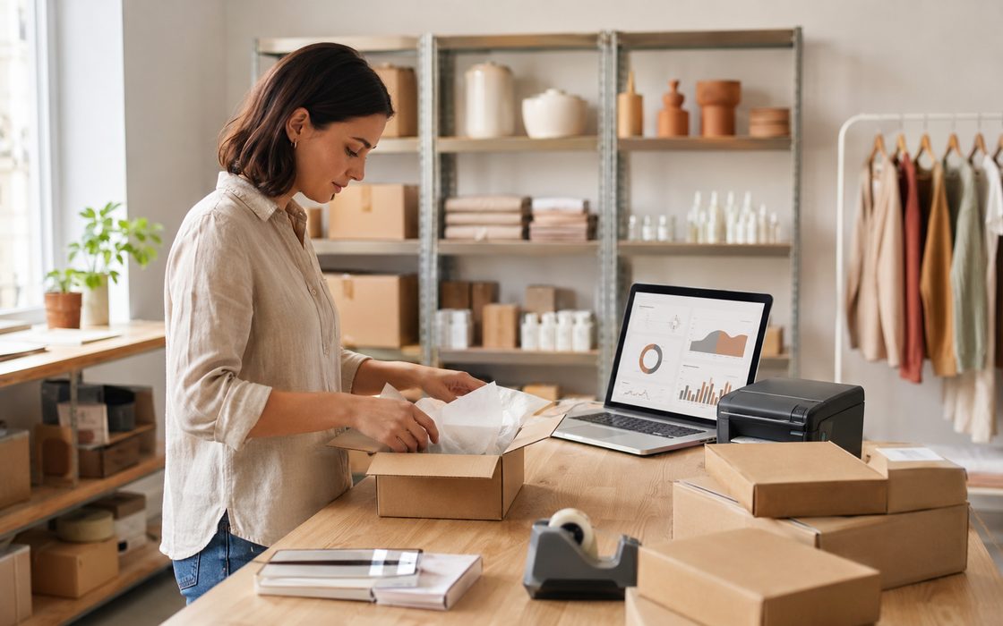Operação de e-commerce embalando pedidos